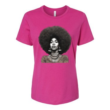 Black t-shirt featuring an illustration of a beautiful woman with an afro, celebrating confidence and natural beauty- inspirational tees